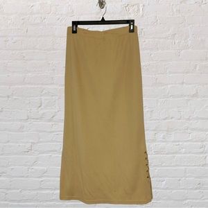VTG Late 90s/Y2K Tan Maxi Skirt with Suede Lace-Up Slit Size Medium
